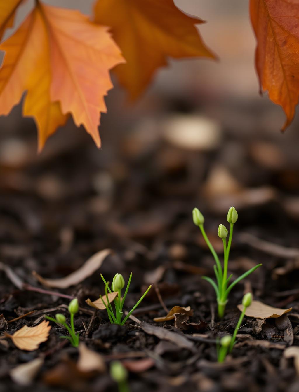 Autumn leaves falling as fresh green shoots emerge from the earth — seasons turning from winter into spring