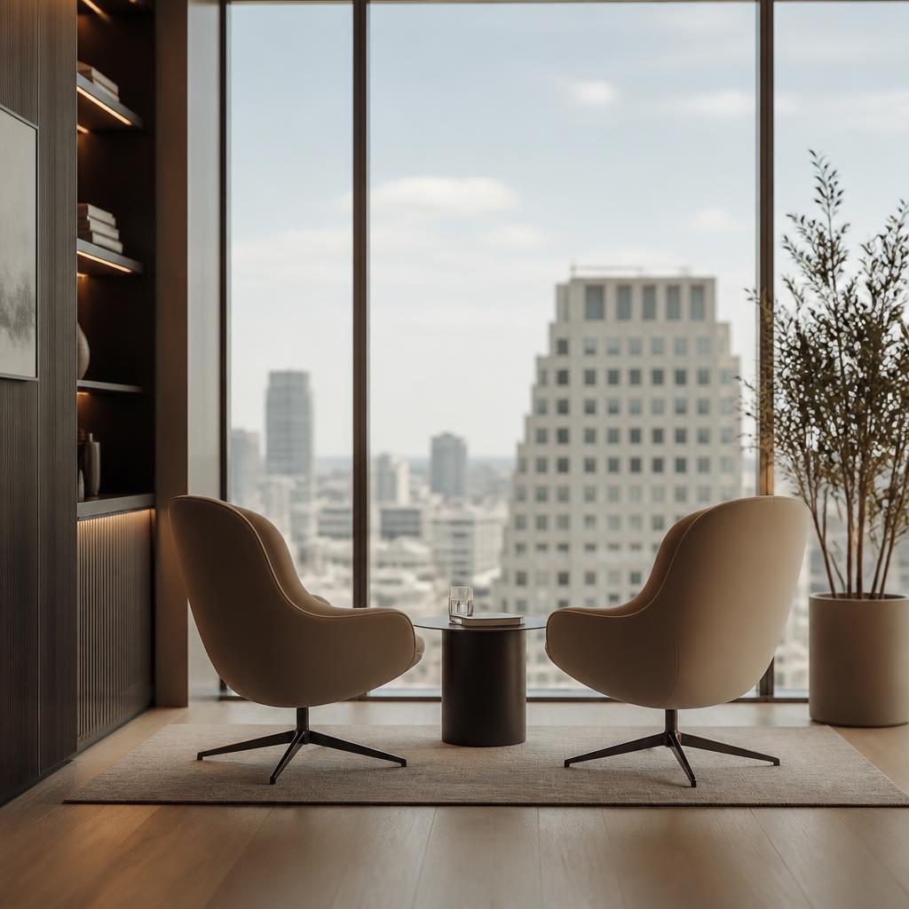 Two modern chairs facing each other by a window with a cityscape view — a space for one-on-one coaching